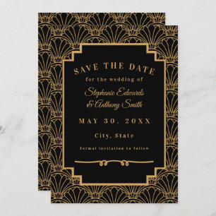Black and Gold Art Deco Fan Flowers Wedding Save The Date