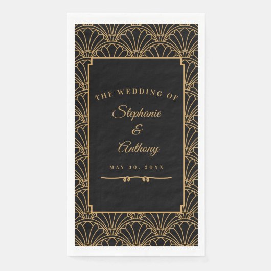 Black and Gold Art Deco Fan Flowers Wedding Servet (Voorkant)