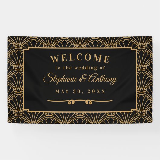 Black and Gold Art Deco Fan Flowers Wedding Spandoek (Horizontaal)