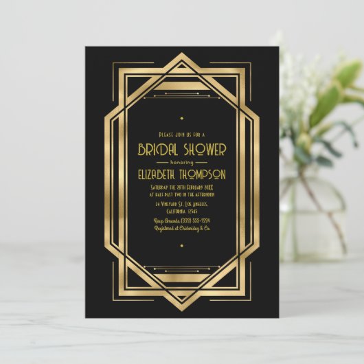 Black and Gold Art Deco Gold Bridal Shower Kaart (Staand voorkant)