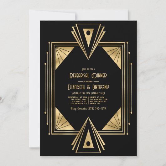 Black and Gold Art Deco Gold Rehearsal Dinner Kaart (Voorkant)