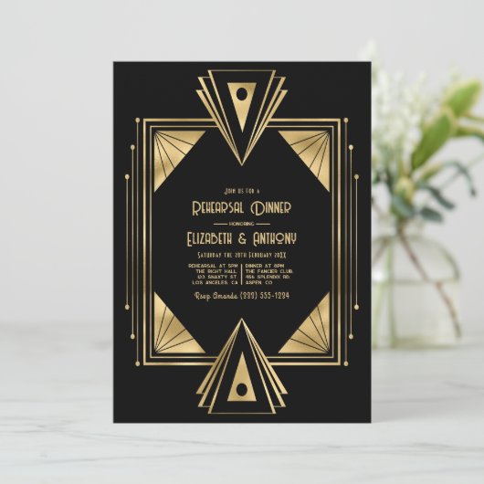 Black and Gold Art Deco Gold Rehearsal Dinner Kaart (Staand voorkant)