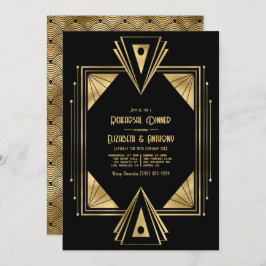 Black and Gold Art Deco Gold Rehearsal Dinner Kaart