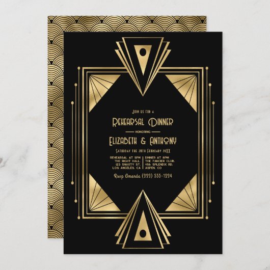 Black and Gold Art Deco Gold Rehearsal Dinner Kaart (Voorkant / Achterkant)