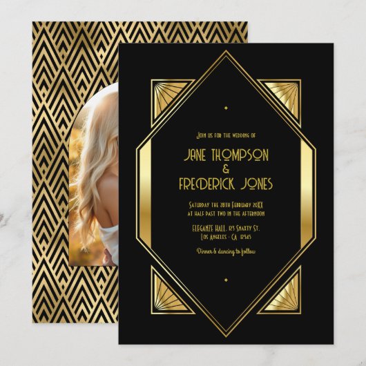 Black and Gold Art Deco Gold Wedding Photo Kaart (Voorkant / Achterkant)