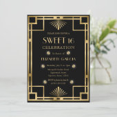 Black and Gold Art Deco  Lijst Sweet 16 Kaart (Staand voorkant)