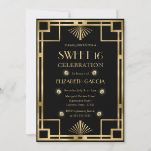 Black and Gold Art Deco  Lijst Sweet 16 Kaart