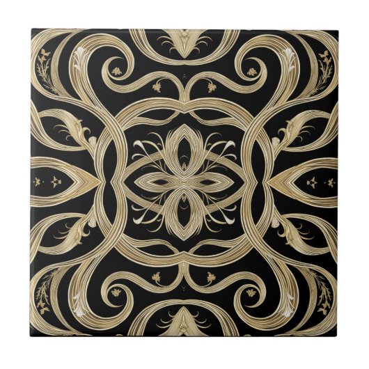 Black and Gold Art Deco Ornate Design Tegeltje (Voorkant)