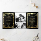 Black and Gold Art Deco Photo Collage Wedding Drieluik Uitnodiging (Binnen)