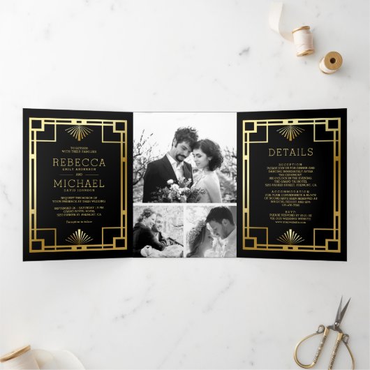 Black and Gold Art Deco Photo Collage Wedding Drieluik Uitnodiging (Binnen)