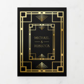 Black and Gold Art Deco Photo Collage Wedding Drieluik Uitnodiging (Cover)