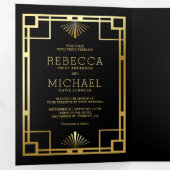 Black and Gold Art Deco Photo Collage Wedding Drieluik Uitnodiging (Binnenzijde eerst)