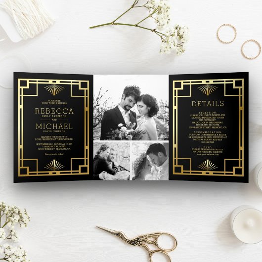Black and Gold Art Deco Photo Collage Wedding Drieluik Uitnodiging