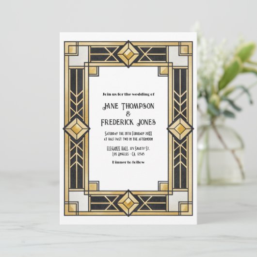 Black and Gold Art Deco QR Code RSVP Wedding Kaart (Staand voorkant)