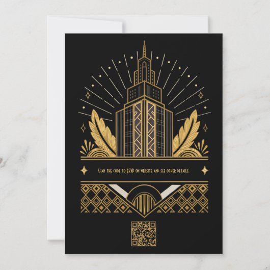 Black and Gold Art Deco QR Code RSVP Wedding Kaart (Achterkant)