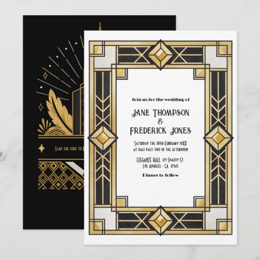 Black and Gold Art Deco QR Code RSVP Wedding Kaart (Voorkant / Achterkant)