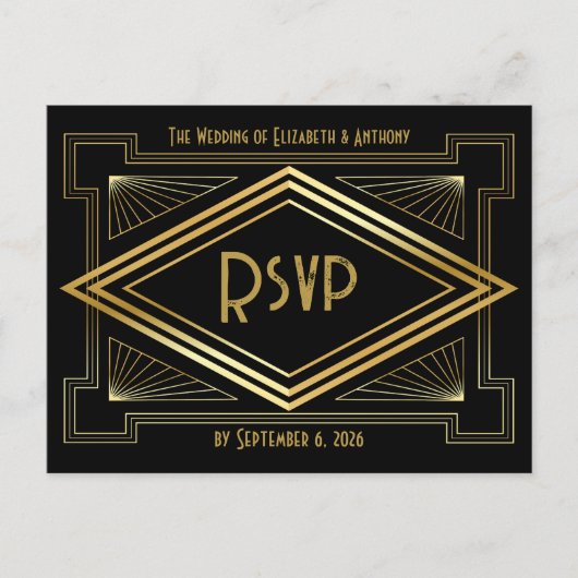 Black and Gold Art Deco Wedding RSVP QR Code Briefkaart (Voorkant)