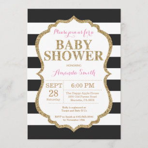 Black and Gold Baby shower Invitation Glitter Kaart