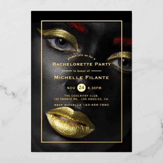 Black and Gold Bachelorette Party Folie Uitnodiging (Voorkant)