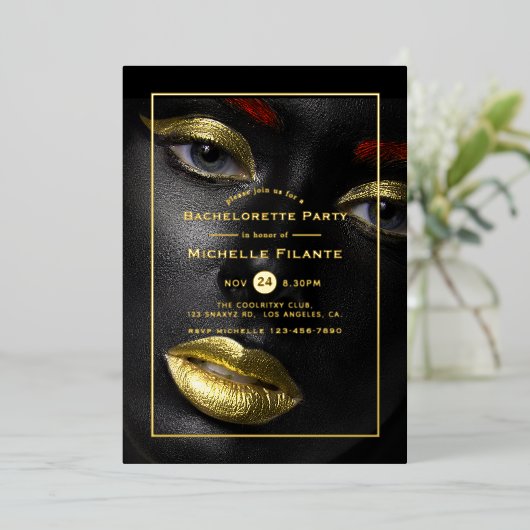 Black and Gold Bachelorette Party Folie Uitnodiging (Staand Voorkant)