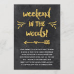 Black and Gold Bachelorette Weekend Cabin Kaart<br><div class="desc">Deze schattige,  rustige uitnodiging voor een "glamping"bacheloretfeestje in een hut kenmerkt een  kalligrafie van het borstelmanuscript die "Weekend in de bossen" leest!" Het ontwerp omvat ook een hart en pijl,   bloei,  faux goudglitter en een achtergrond van het krijt.</div>