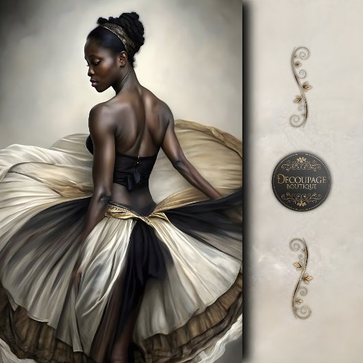 Black and Gold Ballerina in Flowing Tulle Decoupag Tissuepapier