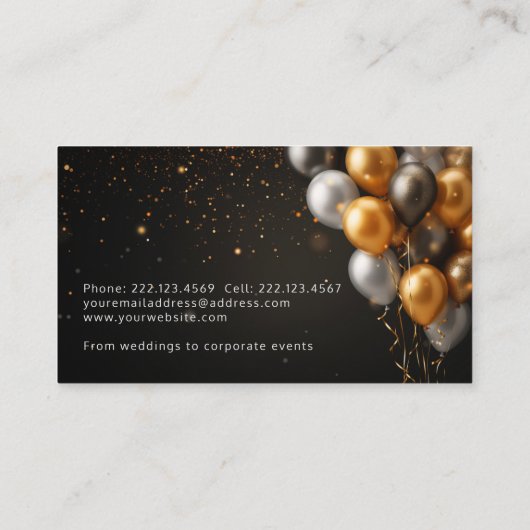 Black and Gold Ballons Party Planner Visitekaartje (Achterkant)