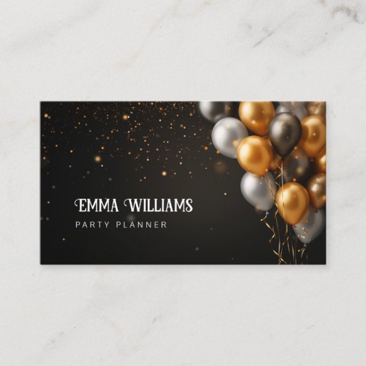 Black and Gold Ballons Party Planner Visitekaartje (Voorkant)
