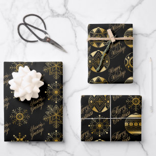 Black and Gold Baubles en Snowflakes kerst Inpakpapier Vel