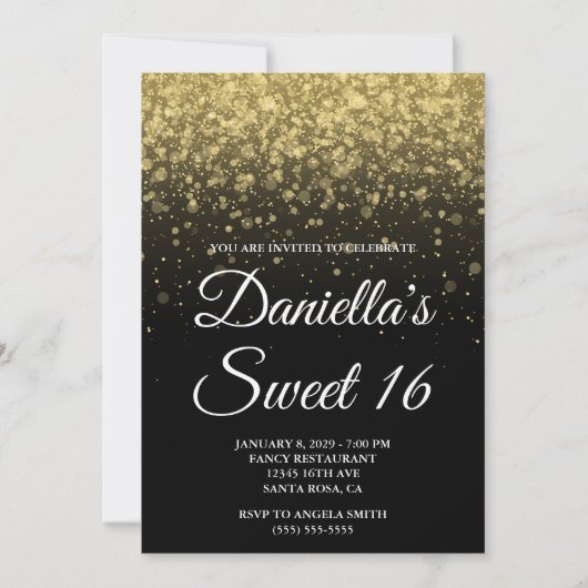 Black and Gold Bokeh Confetti Sweet 16 Kaart (Voorkant)