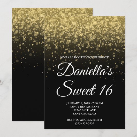 Black and Gold Bokeh Confetti Sweet 16 Kaart (Voorkant / Achterkant)