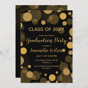 Black and Gold Bokeh Lights Graduation Party Kaart