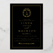 Black and gold botanical crest monogram wedding folie uitnodiging (Voorkant)