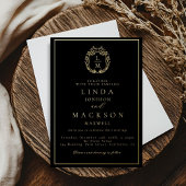 Black and gold botanical crest monogram wedding folie uitnodiging