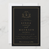 Black and gold botanical crest monogram wedding kaart (Voorkant)