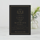 Black and gold botanical crest monogram wedding kaart (Staand voorkant)