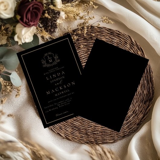 Black and gold botanical crest monogram wedding kaart
