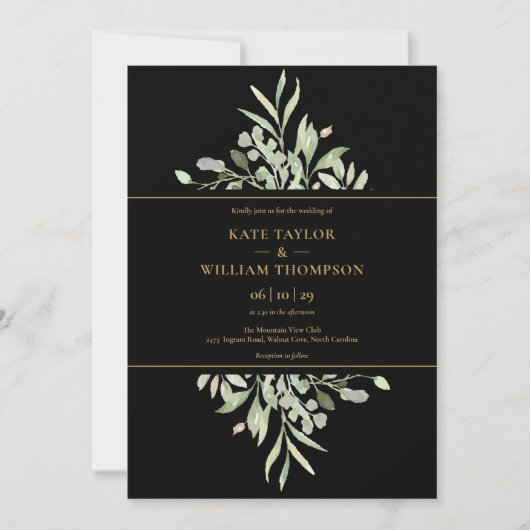 Black and Gold Botanical Greenery Photo Wedding Kaart (Voorkant)