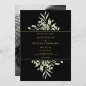 Black and Gold Botanical Greenery Photo Wedding Kaart (Voorkant / Achterkant)