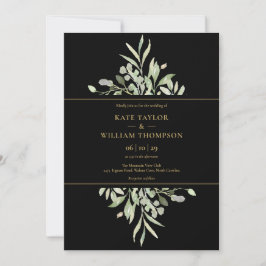 Black and Gold Botanical Greenery Photo Wedding Kaart