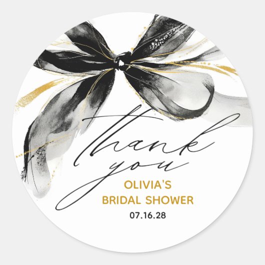 Black and Gold Bow Chic Whimsical Bridal Shower Ronde Sticker (Voorkant)