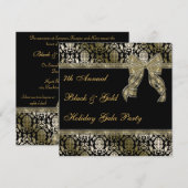 Black and Gold Bowed Damask Holiday Party Invite Kaart (Voorkant / Achterkant)