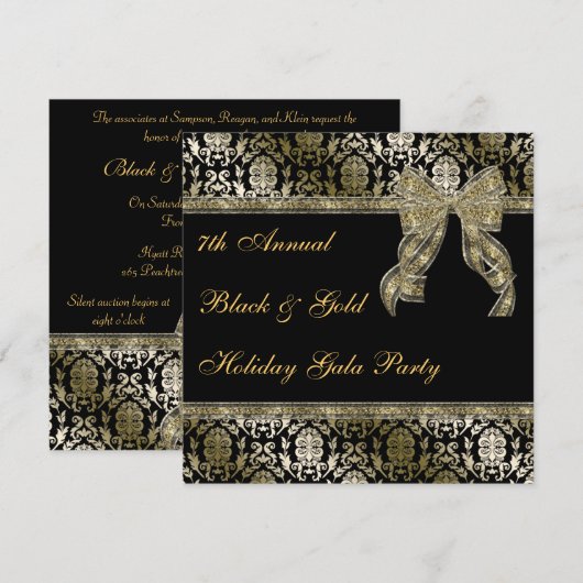 Black and Gold Bowed Damask Holiday Party Invite Kaart (Voorkant / Achterkant)