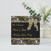 Black and Gold Bowed Damask Holiday Party Invite Kaart (Staand voorkant)