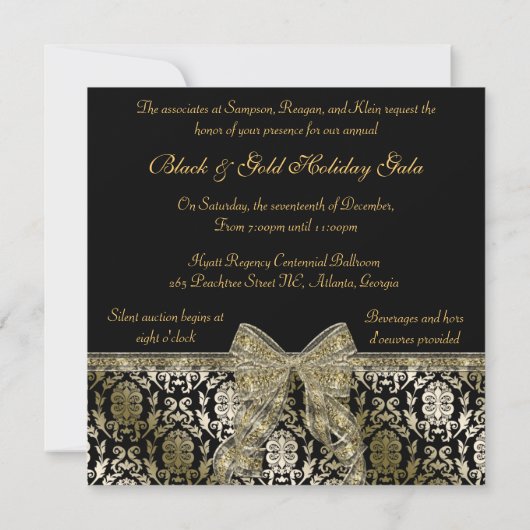 Black and Gold Bowed Damask Holiday Party Invite Kaart (Achterkant)