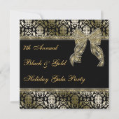 Black and Gold Bowed Damask Holiday Party Invite Kaart (Voorkant)
