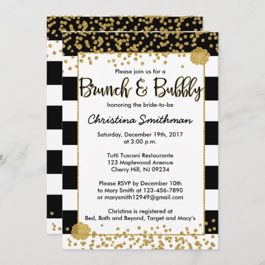 Black and Gold Brunch en Bubbly Uitnodigingen (Voorkant / Achterkant)