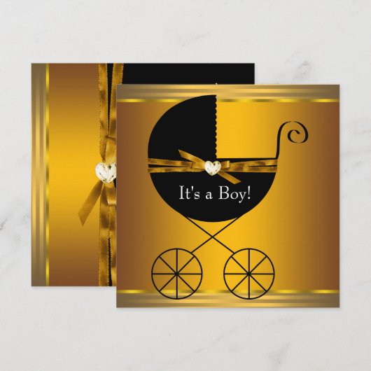 Black and Gold Carriage Boys Baby shower Kaart (Voorkant / Achterkant)