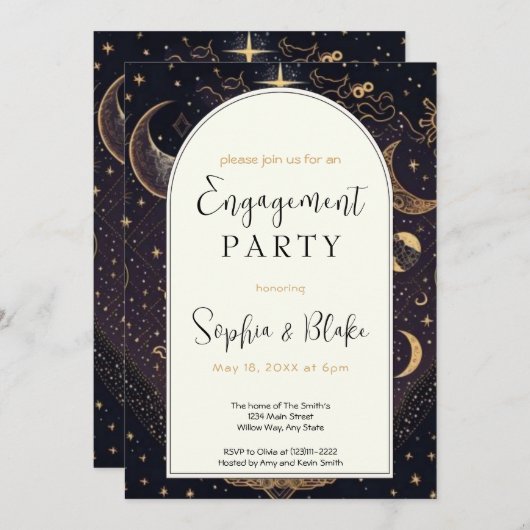 Black and Gold Celestial Moon Engagement Party Kaart (Voorkant / Achterkant)