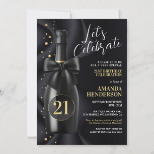 Black and Gold Champagne Birthday Kaart